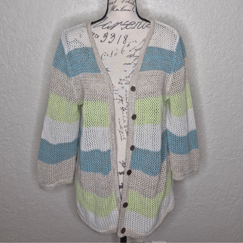 Christopher & Banks XL Striped Open Knit Cardigan Blue Green Ramie Cotton Blend